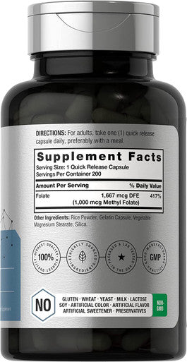 Horbaach Methyl Folate 1000 mcg 200 Capsules 5-MTHF Folic Acid Supplement Non-GMO Gluten Free Methylfolate by Horbaach