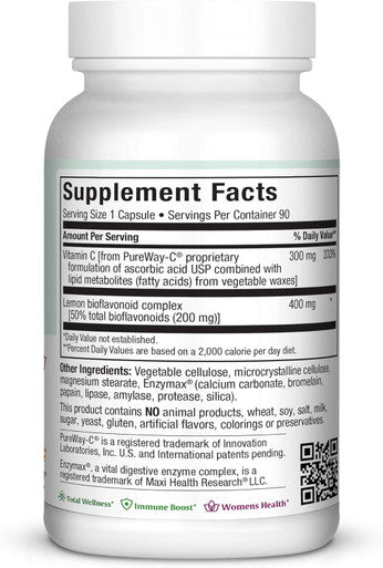 Maxi Health Pure Vitamin C - with Bioflavonoids - Immune & Capillary Support - 90 Capsules - Kosher