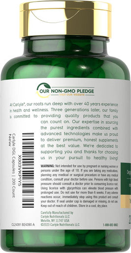 Carlyle DGL Deglycyrrhizinated Licorice Capsules | 200 Count | 4000mg | Vegetarian Non-GMO & Gluten Supplement