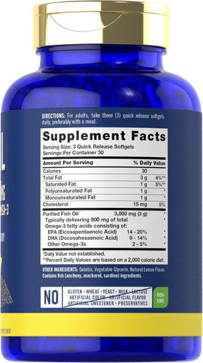 Carlyle Fish Oil 3000mg | 900mg Omega 3 | 90 Softgels | Lemon Flavor | Non-GMO and Gluten Supplement