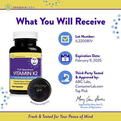 InnovixLabs Full Spectrum Vitamin K2 with MK7 and MK4 AllTrans Bioactive K2 600 mcg K2 per Pill Soy Gluten NonGMO 90 Capsules Supports Healthy Bones Arteries Vitamin K2 MK7 MK4