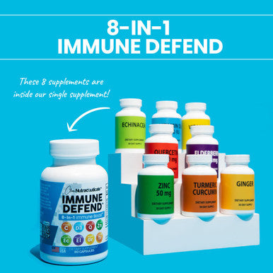 Immune Defense Support Supplement 8 in 1 w/Zinc 50mg Quercetin, VIT C 1000mg, Vitamin D3 5000 IU, Elderberry, Turmeric Curcumin, Ginger, Echinacea - Immunity System Booster Vegan - 60Ct
