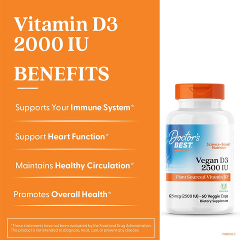 Doctors Best Vegan Vitamin D3 2500 Iu Veg Caps Vegan Vitamin D Supplement For Men and Women Helps Support Calcium Absorption Heart Health and Immune Support 62.5 Mcg Per Serving 60 Veggie Capsules