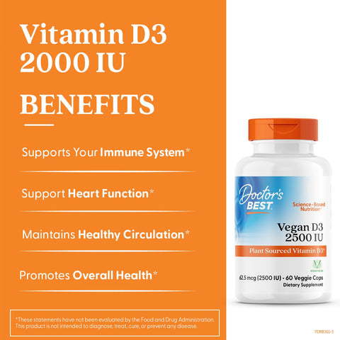 Doctor'S Best Doctors Best Vegan Vitamin D3 2500 Iu Veg Caps - Vegan Vitamin D Supplement For Men & Women Helps Support Calcium Absorption Heart Health & Immune Support 62.5 Mcg Per Serving 60 Veggie Capsules