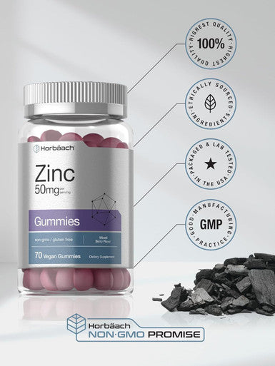 HorbAach Zinc 50Mg 70 Gummies Mixed Berry Flavor Vegan, Non-Gmo And Gluten Formula Zinc Citrate Dietary Supplement