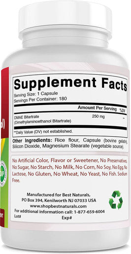 Best Naturals DMAE Supplement 250 mg 180 Capsules - Dimethylaminoethanol Bitartrate