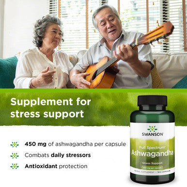 Swanson Ashwagandha Powder Supplement-Ashwagandha Root & Aerial Parts Supplement Promoting Stress Relief & Energy Support-Ayurvedic Supplement for Natural Wellness (100 Capsules 450mg Each)