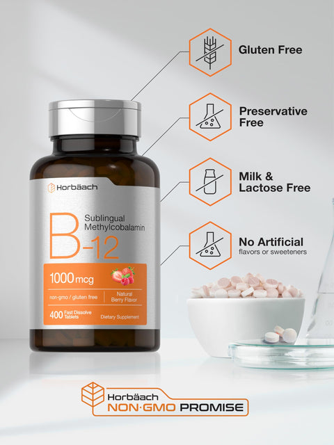 Horbaach Vitamin B12 1000 mcg Sublingual 400 Fast Dissolve Tablets Methylcobalamin Supplement for Women and Men Berry Flavor Vegan NonGMO and Gluten Free