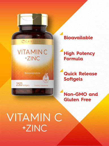 Carlyle Vitamin C with Zinc | 250 Softgels | Bioavailable | Ascorbic Acid | Zinc Oxide | Non-GMO and Gluten Supplement