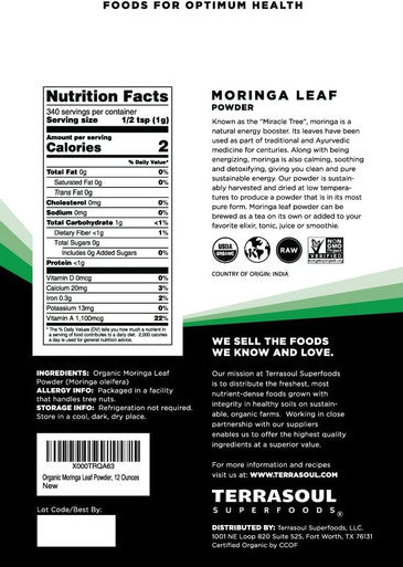 Terrasoul Superfoods Organic Moringa Powder 11 Oz : Detox - Antioxidants - Immunity