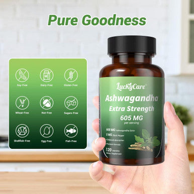 Luckycare Ashwagandha Capsules 600mg Extra Strength Root Extract with Black Pepper Vegan Non GMO Supplement Made in USA 120 Capsules