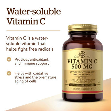 Solgar Vitamin C 500 Mg 100 Vegetable Capsules - Antioxidant & Immune Support - Overall Health - Supports Healthy Skin & Joints - Non Gmo Vegan Gluten Free Kosher - 100 Servings