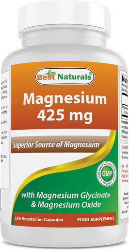 Best Naturals Magnesium 425 mg 180 Veggie Capsules - High Absorption Magnesium Glycinate & Magnesium Oxide Chelated Non-GMO Gluten Muscle Relax (180 Count (Pack of 1))