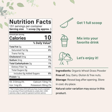 Micro Ingredients Sustainably US Grown Organic Wheat Grass Powder (100% Whole-Leaf) 16 Ounce Rich in Immune Vitamins Fibers and Minerals Support Digestion Function Vegan Friendly