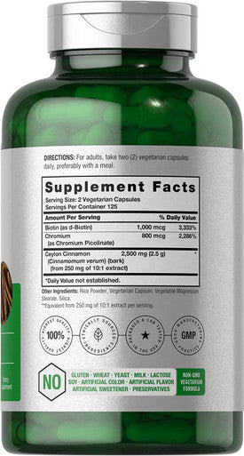 Cinnamon Capsules 2500mg | 250 Count | with Chromium & Biotin | Vegetarian, Non-GMO, Gluten Free | by Horbaach