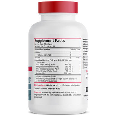 Bronson Omega-3 Fish + Krill Oil 1000 MG EPA Astaxanthin Premium Blend - Joint, Brain & Eye Health - Non GMO, Heavy Metal Tested, 120 Softgels
