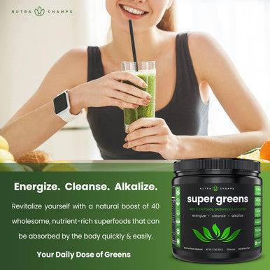 Nutrachamps Super Greens Powder Premium Superfood | 20+ Organic Green Veggie Whole Foods | Wheat Grass Spirulina Chlorella & More | Antioxidant Digestive Enzyme & Probiotic Blends