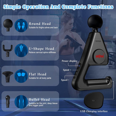 Heh Version Deep Tissue Massage Gun For Back, Shoulder, Neck, Feet, Professional Muscle Percussion Massager With Belt, Fits To Athletes Fitness Enthusiasts, 16 Speed Levels Includes 4 Heads