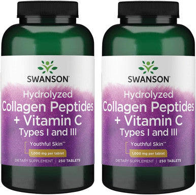 Swanson Hydrolyzed Collagen Peptides + Vitamin C Types I and Iii 1000 mg 250 Tabs 2 Pack