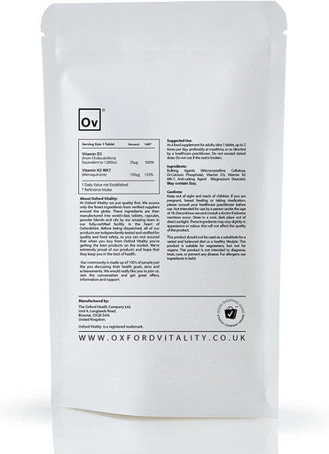 Vitamin D3 and K2 | Bone Support Supplement | Vitamin D 1000iu & Vitamin K2 MK-7 100mcg | Easy to Swallow Tablets | GMO Free by Oxford Vitality