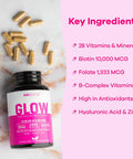 Glow Vitamins - Hair Skin And Nails Multivitamin Supplement - 10,000Mcg Biotin Pills With Hyaluronic Acid, Folate, Iron, Magnesium, And Zinc - Boosts Collagen Production, Hair Growth, 90 Capsules