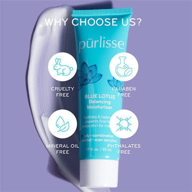 purlisse Blue Lotus Balancing Moisturizer Cruelty clean Paraben Sulfate Antiageing White Tea calms skin Vitamin E Hydrates 1.7oz