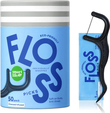 SmartLifeco Individually Wrapped Dental Floss Picks - Eco-Friendly Flosser Handle Made with Straw Wheat Blend Great for Travel PFA Free Toothpick Stick End Bamboo Charcoal Thread Whitens Teeth