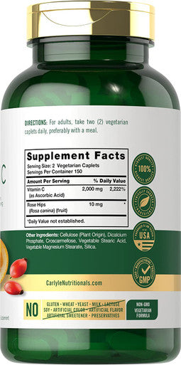 Carlyle Vitamin C 2000mg with Rose Hips 300 Caplets Vegetarian Non GMO Gluten Free Supplement