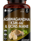 Ashwagandha Ksm-66 And Lions Mane Capsules - High Strength 2000Mg Ksm-66 Ashwaghandha Root Extract And Lions Mane Mushroom Extract - 120 Vegan Capsules With Black Pepper - Uk Made By Leaf