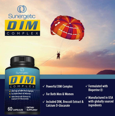 Sunergetic Premium DIM Supplement - 150mg diindolylmethane Broccoli Calcium D-Glucarate & Bioperine for Men & Women - DIM Complex for Menopause Support & Balance - 60 Capsules