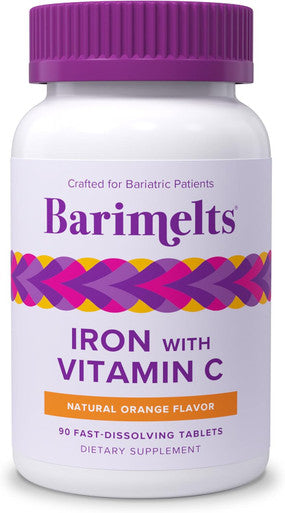 Barimelts Iron With Vitamin C 90 Fast-Dissolving Tablets 1 Month Supply Sugar Bariatric Iron Supplement For Women Natural Orange Flavor