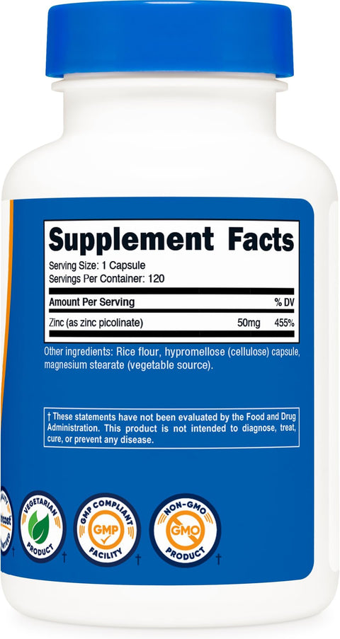 Nutricost Zinc Picolinate 50mg 120 Vegetarian Capsules GlutenFree GMOFree
