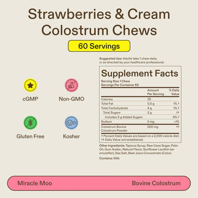 Miracle Moo Colostrum Chews Supplement for Gut Health Bloating Immune Support Skin Hair Growth and Beauty - Grass Fed Bovine Powder - Strawberry Flavor (60 Servings)