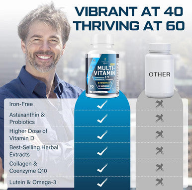Mens Multivitamins 50 Plus - Daily Multivitamin For Men With Fermented Herbal Extracts & 43 Nutrients - Mens Vitamins Multivitamin Supports Memory & Brain, Energy, Bone Health - Supports For Men 18+