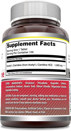 Amazing Nutrition Formulas Acetyl L-Carnitine Supplement | 1000 Mg Per Serving | 120 Tablets Supplement | Non-GMO | Gluten | Made in USA