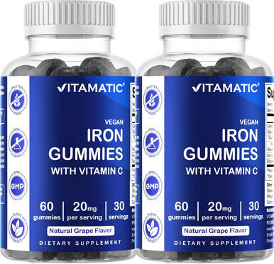 Vitamatic Iron Gummies Supplement For Women & Men - 20Mg Serving - 60 Vegan Gummies - Great Tasting Iron Gummy Vitamins With Vitamin C (60 Count (Pack Of 2))