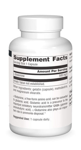 Source s L-Glutamine, Free Form Amino That Supports Metabolic Energy*, 500mg - 100 Capsules