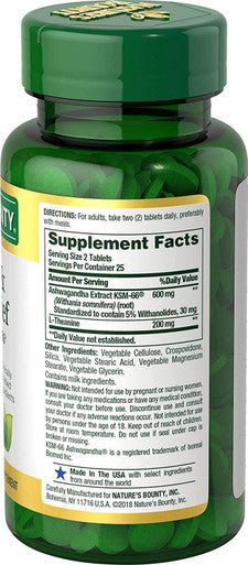 Nature's Bounty Anxiety & Stress Relief Ashwagandha Ksm-66 Tablets 50 Count