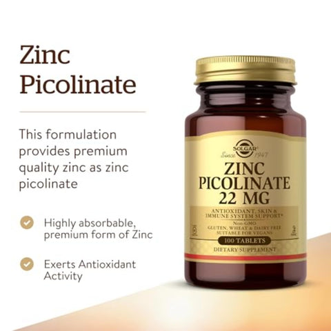 Solgar Zinc Picolinate 22 Mg 100 Tablets - Promotes Healthy Skin - Supports Immune System Normal Taste & Vision - Antioxidant Non-Gmo Vegan Gluten Free Kosher 100 Servings