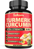 Satoomi 6In1 Turmeric Curcumin Supplement - 3 Month Supply - 95% Curcuminoids With Ginger Root Garlic Bulb Rosemary & Black Pepper - 90 Capsules
