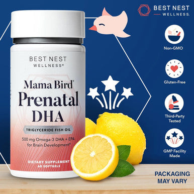 Best Nest Wellness Mama Bird Prenatal DHA Vitamin Prenatal Omega 3 DHA Supplements Supports Baby's Brain & Eye Development 500 mg Triglyceride Fish Oil Easy to Swallow Lemon Flavor Softgels 60 Ct