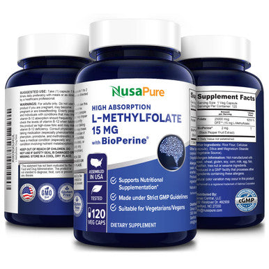 NusaPure L Methylfolate 15mg | 120 Veggie Capsules | Bioperine