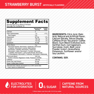 Optimum Nutrition Essential Amin.O Energy & Electrolytes - Energy Focus & Post-Workout Muscle Recovery - Strawberry Pre-Workout Electrolyte Powder Drink - Strawberry Burst 1.51 Lb (72 Servings)