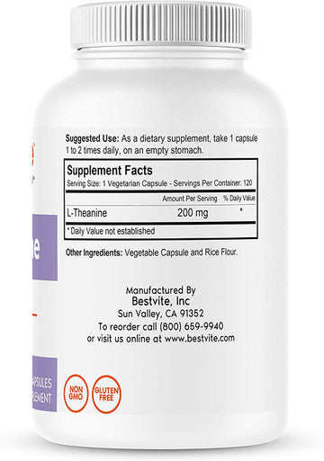 BESTVITE L-Theanine 200mg (360 Vegetarian Capsules) (120 x 3) - No Stearates - Vegan - Non GMO - Gluten Free