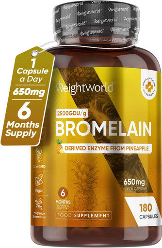 Weightworld Bromelain High Strength Supplement 650mg - High Potent 2500GDU/g per Serving - 180 Vegan Capsules (Not Bromelain Tablets) - Enzyme Nutritional Supplements - Naturally Derived Enzyme from Pineapple
