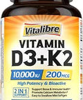 Vitamin D3 K2 Supplement 10000 IU D3 / 200 mcg K2 MK7 Calcium Absorption Bone Heart Immune and Mood Support Enhanced Absorption No Soy Easy to Swallow 90 Softgels