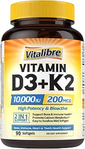 Vitamin D3 K2 Supplement 10000 IU D3 / 200 mcg K2 MK7 Calcium Absorption Bone Heart Immune and Mood Support Enhanced Absorption No Soy Easy to Swallow 90 Softgels
