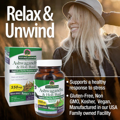 Nature'S Answer Ashwagandha Root with Holy Basil 60 Capsules | Supports a Healthy Response to Stress | Calm. Relax and Unwind. | Gluten | Non-GMO | Kosher | Vegan | Vegetarian