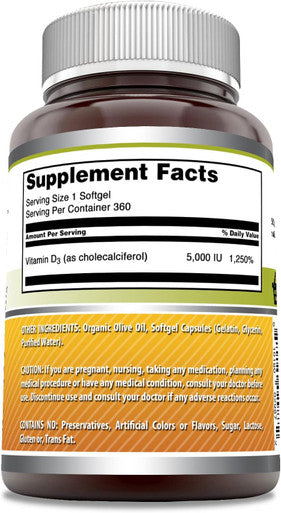 Amazing Nutrition Formulas Vitamin D3 in Olive Oil Supplement | 5000 IU Per Serving | 360 Softgels | Non-GMO | Gluten | Made in USA