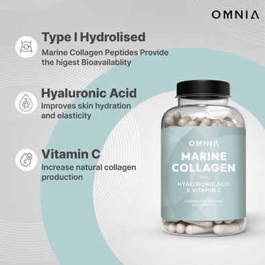 Omnia Marine Collagen Capsules 1200mg Premium Skin Hair & Nail Health Support for Women & Men Enriched with Type I Collagen Hyaluronic Acid & Vitamin C High-Potency Formula UK Made 60 Capsules